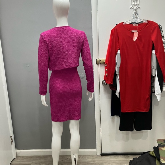 Fuchsia Textured Knit Sheath Dress with Cropped Cardigan - Picture 4 of 8